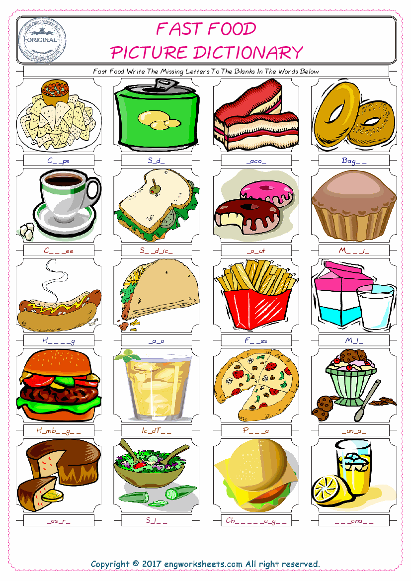  Fast Food Words English worksheets For kids, the ESL Worksheet for finding and typing the missing letters of Fast Food Words 